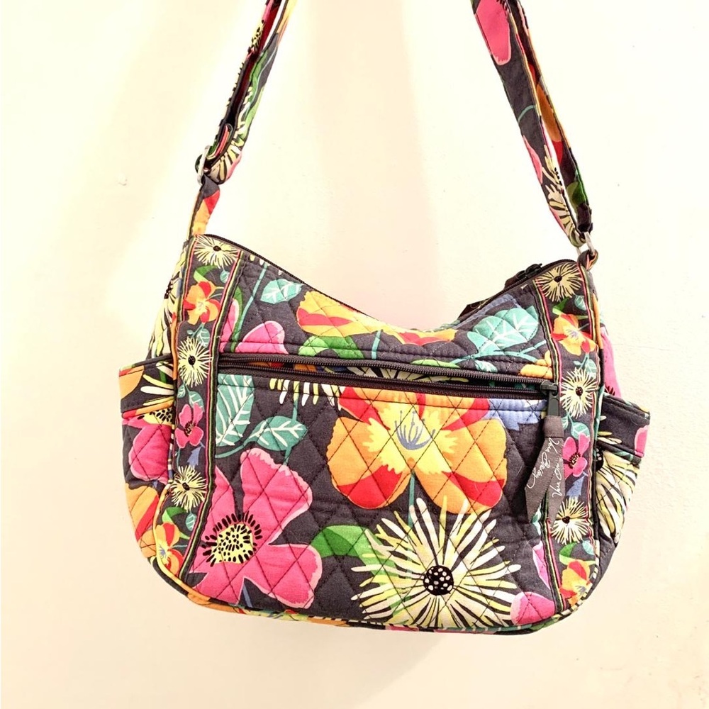 Vintage Vera Bradley Quilted Floral Shoulder Bag in Black, Pink & Yellow - Picture 4 of 11